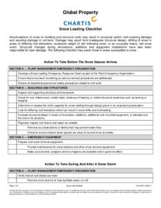 Global Property  Snow Loading Checklist Accumulations of snow on building and structure roofs may result in structural and/or roof-covering damage and resulting damage to contents. Damage may result from inadequate struc