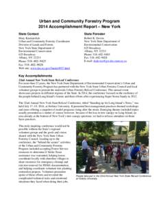Urban and Community Forestry Program 2014 Accomplishment Report – New York State Contact State Forester