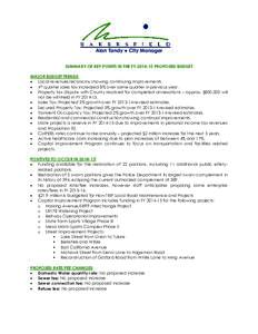 Alan Tandy ● City Manager SUMMARY OF KEY POINTS IN THE FY[removed]PROPOSED BUDGET MAJOR BUDGET TRENDS: • Local revenues/economy showing continuing improvements. • 4th quarter sales tax increased 8% over same quarte