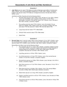 Descendants of John Bond and Ellen Swinlehurst Generation 1 1. JOHN1 BOND was born aboutDate per burial and Marriage Licence Bond). He died about 1806 in Denton, Lancs. He married Ellen Swinlehurst on 10 Sep 1758 