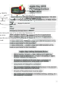 Apple Day 2015 Pie Eating Contest Application Subm it this form w ith your entry on Saturday Septem ber 19th 2015 10am – 11:45am at the Excelsior-Lake M innetonka Cham ber of Com m erce, 37 W ater Street