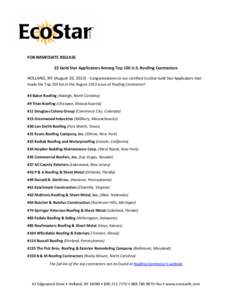 FOR IMMEDIATE RELEASE 22 Gold Star Applicators Among Top 150 U.S. Roofing Contractors HOLLAND, NY (August 10, Congratulations to our certified EcoStar Gold Star Applicators that made the Top 150 list in the Augus