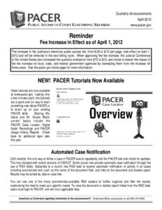 Quarterly Announcements April 2012 www.pacer.gov Reminder Fee Increase in Effect as of April 1, 2012