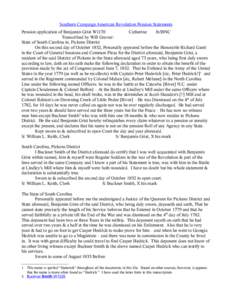 Southern Campaign American Revolution Pension Statements Pension application of Benjamin Grist W1170 Catherine fn38NC Transcribed by Will Graves\ State of South Carolina in, Pickens District
