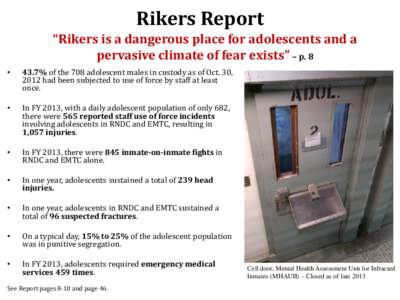 Rikers Report  “Rikers is a dangerous place for adolescents and a pervasive climate of fear exists” – p. 8 •