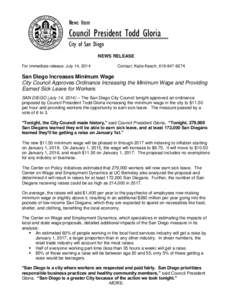 News from  Council President Todd Gloria City of San Diego NEWS RELEASE For immediate release: July 14, 2014