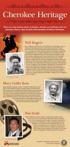 Cherokee Heritage There are many famous actors, scientists, athletes and politicians who are Cherokee citizens. Here are just a few examples of famous Cherokees. Will Rogers Born in Oologah, Indian Territory in 1879, Wil