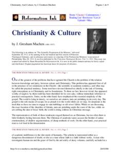 Christianity And Culture, by J. Gresham Machen  Página 1 de 9 Home | Classics | Contemporary | Reading List | Bookstore | List of