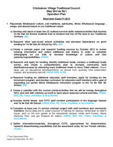 Chickaloon Village Traditional Council (Nay’dini’aa Na’) Operation Plan Short-term Goals FY[removed]Rejuvenate Athabascan culture, oral traditions, spirituality, Ahtna Athabascan language , songs, and dances based 