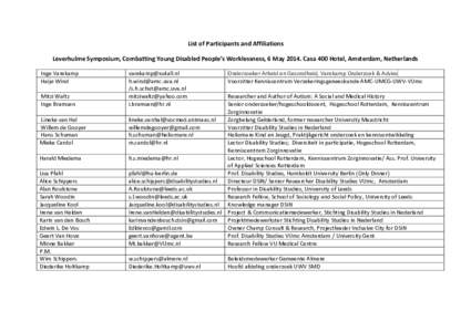 List of Participants and Affiliations Leverhulme Symposium, Combatting Young Disabled People’s Worklessness, 6 MayCasa 400 Hotel, Amsterdam, Netherlands Inge Varekamp Haije Wind Mitzi Waltz Inge Bramsen