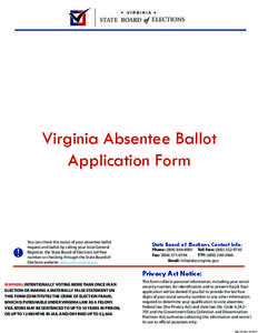 VIRGINIA  STATE BOARD of ELECTIONS Virginia Absentee Ballot Application Form