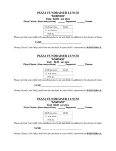 PIZZA FUNDRAISER LUNCH “DOMINOS” Cost: $2.00 per slice Pizza Choice: (How many slices) $ 2.00 per slice