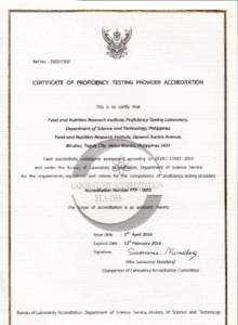 Scope of Proficiency Testing Provider Accreditation  Name : Food and Nutrition Research lnstitute, Proficienry Testing Laboratory,