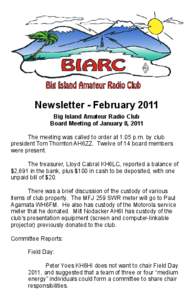 Newsletter - February 2011 Big Island Amateur Radio Club Board Meeting of January 8, 2011