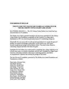 Johnny Unitas Golden Arm Award Announces 2012 Candidates