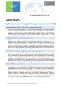 AUSTRALIA Key Findings from the Teaching and Learning International Survey (TALIS)1 Distributed leadership can be a key source of well-being for teachers •  One way to help teachers feel valued is to involve them as pr