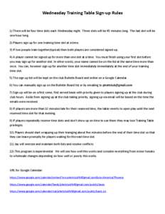 Wednesday Training Table Sign-up Rules  1) There will be four time slots each Wednesday night. Three slots will be 45 minutes long. The last slot will be one hour long. 2) Players sign up for one training time slot at a 
