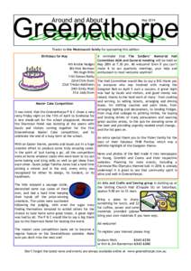 Around and About  May 2014 Thanks to the Westmacott family for sponsoring this edition Birthdays for May
