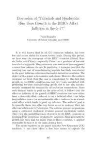 Discussion of “Tailwinds and Headwinds: How Does Growth in the BRICs Aﬀect Inﬂation in the G-7?” Paul Beaudry University of British Columbia and NBER