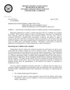 DEFENSE CONTRACT AUDIT AGENCY DEPARTMENT OF DEFENSE 8725 JOHN J. KINGMAN ROAD, SUITE 2135 FORT BELVOIR, VA[removed]IN REPLY REFER TO