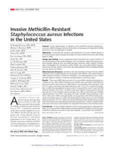 ORIGINAL CONTRIBUTION  Invasive Methicillin-Resistant Staphylococcus aureus Infections in the United States R. Monina Klevens, DDS, MPH