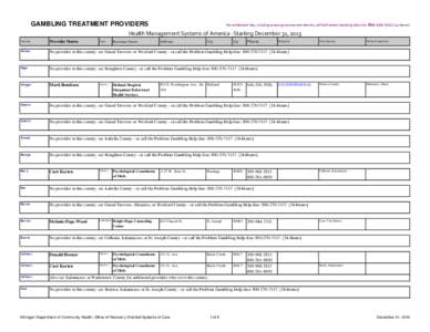 GAMBLING TREATMENT PROVIDERS  For confidential help, including screening services and referrals, call the Problem Gambling Help‐line: 800‐270‐7117  [24‐Hours] Health Management Systems of Ameri