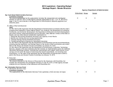 2014 Legislature - Operating Budget Wordage Report - Senate Structure Agency: Department of Administration 15GovAmd+ House Ap: Centralized Administrative Services Conditional Language