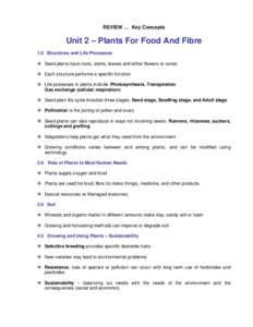 REVIEW … Key Concepts  Unit 2 – Plants For Food And Fibre 1.0 Structures and Life Processes  Seed plants have roots, stems, leaves and either flowers or cones  Each structure performs a specific function
