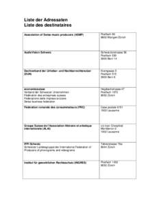 Liste der Adressaten Liste des destinataires Association of Swiss music producers (ASMP) Postfach[removed]Wangen/Zürich