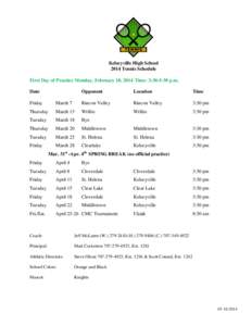 Kelseyville High School 2014 Tennis Schedule First Day of Practice Monday, February 10, 2014 Time: 3:30-5:30 p.m. Date  Opponent