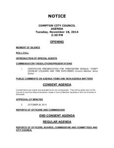 NOTICE COMPTON CITY COUNCIL AGENDA Tuesday, November 18, 2014 3:30 PM