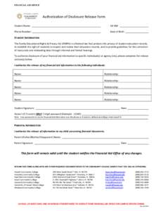 RESET FORM  FINANCIAL AID OFFICE Authorization of Disclosure Release Form Student Name: