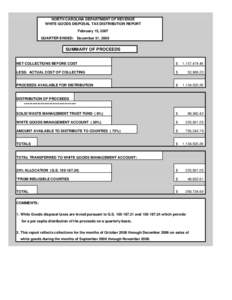 NORTH CAROLINA DEPARTMENT OF REVENUE WHITE GOODS DISPOSAL TAX DISTRIBUTION REPORT February 15, 2007 QUARTER ENDED: December 31, 2006  SUMMARY OF PROCEEDS