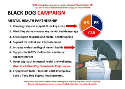 “SANE’s Black Dog Campaign is a stroke of genius” Charles Walker MP Co-Chair of the All Party Parliamentary Group on Mental Health BLACK DOG CAMPAIGN MENTAL HEALTH PARTNERSHIP 1. Campaign aims to support three key 