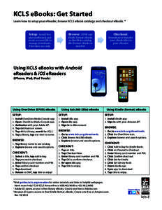 KCLS eBooks: Get Started Learn how to setup your eReader, browse KCLS eBook catalogs and checkout eBooks. * Setup:	
  Install	
  free	
   apps	
  (software)	
  and	
   create	
  account	
  IDs	
  to	
  
