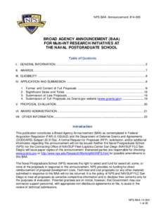 NPS BAA Announcement #[removed]BROAD AGENCY ANNOUNCEMENT (BAA) FOR Multi-INT RESEARCH INITIATIVES AT THE NAVAL POSTGRADUATE SCHOOL Table of Contents