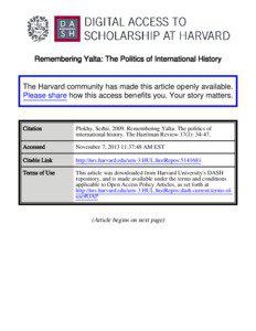 Remembering Yalta: The Politics of International History  The Harvard community has made this article openly available.