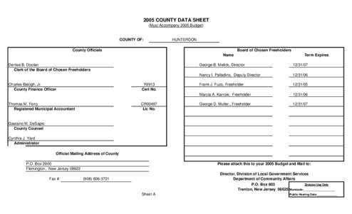 2005 COUNTY DATA SHEET (Must Accompany 2005 Budget) COUNTY OF:  HUNTERDON