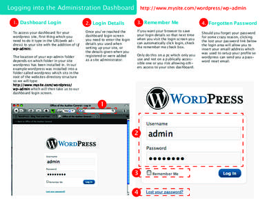 Logging into the Administration Dashboard  http://www.mysite.com/wordpress/wp-admin 1. Dashboard Login