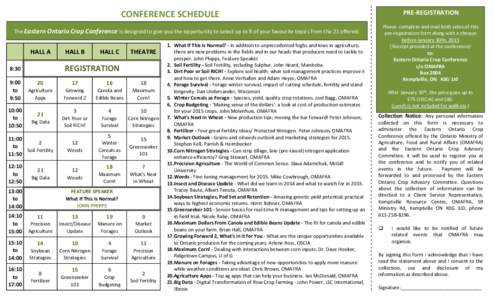 CONFERENCE SCHEDULE The Eastern Ontario Crop Conference is designed to give you the opportunity to select up to 8 of your favourite topics from the 21 offered. HALL A  10:00