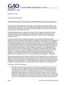 GAO-15-420R, Internal Revenue Service: Observations on IRS’s Operations, Planning, and Resources