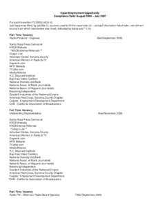 Equal Employment Opportunity Compliance Data: August 2006 – July 2007 Pursuant to section[removed]c)(6)(i-iii) Job Vacancies filled, by job title (i), sources used to fill the vacancies (ii) – contact information lis