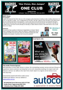 ‘One Vision, One Jumper’  ONE CLUB NEWSLETTER In Season - Issue 12 - Wednesday 12th June 2013