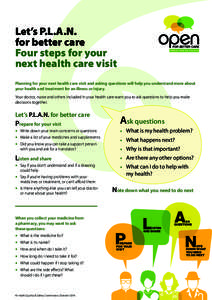 Let’s P.L.A.N. for better care Four steps for your next health care visit Planning for your next health care visit and asking questions will help you understand more about your health and treatment for an illness or in