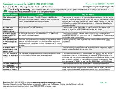 Paramount Insurance Co. : ASSOC HMO OHCoverage Period: Summary of Benefits and Coverage: What this Plan Covers & What it Costs