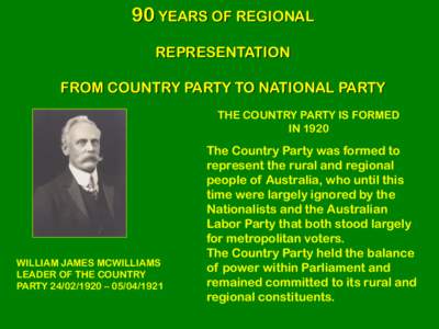 90 YEARS OF REGIONAL REPRESENTATION FROM COUNTRY PARTY TO NATIONAL PARTY THE COUNTRY PARTY IS FORMED IN 1920