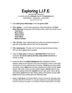 Exploring L.I.F.E. (Living In Faith Everyday) an activity-centered midweek program for elementary kids downloadable – inexpensive – reproducible (only $12 for each unit)