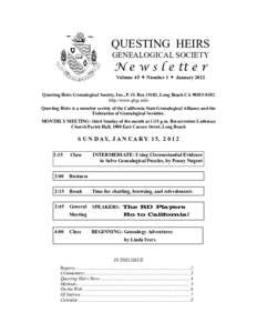 QUESTING HEIRS GENEALOGICAL SOCIETY N e w s l e tt e r Volume 45  Number 1  January 2012