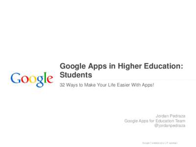 Google Apps in Higher Education: Students 32 Ways to Make Your Life Easier With Apps! Jordan Pedraza Google Apps for Education Team
