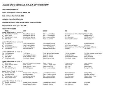 Alpaca Show Name: A.L.P.A.C.A SPRING SHOW Sanctioned Show #:012 Place: Horse Sence Stables St. Albert, AB Date of Show: March 21-22, 2009 Judge(s): Name David Barboza Province or country judge is from Spring Valley, Cali